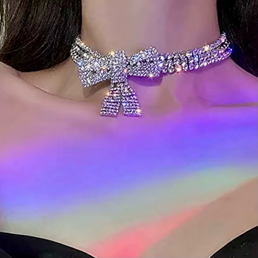 Rhinestone Bow Pendant Choker Necklace Coquette Jewelry Bling Sparkle Choker